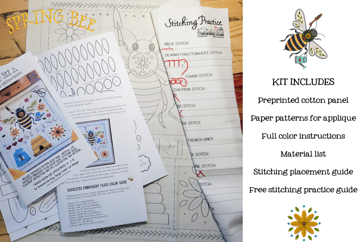 SPRING BEE SAMPLER - Printed Panel and Pattern for Wool